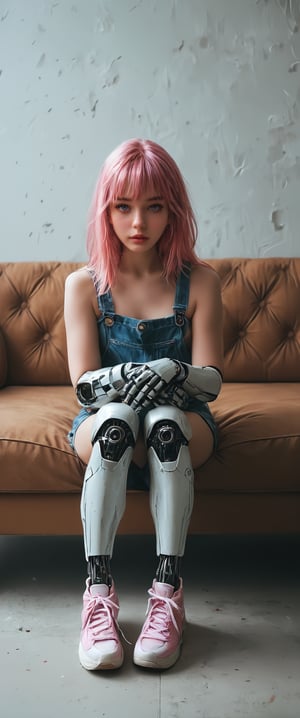 score_9, score_8_up, score_7_up,Masterpiece, highest quality 1girl, solo, looking at viewer, bangs, sitting, purple eyes, full body, pink hair, shoes, medium puffy sofa, sofa, white footwear, tank top, robot, sneakers, science fiction, realistic, overalls, mechanical arms, cyborg, single mechanical arm, prosthesis, mini robots arround,anime,dal-1
