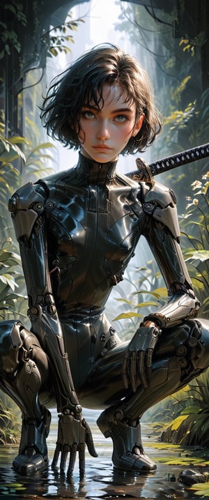 score_9, score_8_up, score_7_up, (),  (Misterious mood), beautiful young woman, , , highly detailed, masterpiece, upper body, finely detailed skin, perfect small breasts,(1girl, solo, solo, looking at viewer, short hair, black hair,, holding, weapon, male focus, sword, holding weapon, bodysuit, traditional media, holding sword, squatting, katana, sheath, science fiction, sheathed, one knee, cyborg, sword over shoulder), Fine art style,Expressiveh,portrait art,dark, ,concept art,B0ld01lp41nt,dark theme,charcoal \(medium\),photo_b00ster