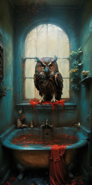 a tormented  ghost taking a bath in the washroom, and an owl watching him through the window in a dark, atmospheric setting,falconry . chiarosaur, element of terror. Dark and moody, with hints of red to emphasize the presence of blood. By renowned artists such as H.R. Giger, Zdzisław Beksiński, and Brom. Resolution: 4k.,sooyaaa,aw0k euphoric style,detailmaster2,DonMn1ghtm4reXL,xxmixgirl,FilmGirl,ghost,transparent,xxmix_girl,rosy