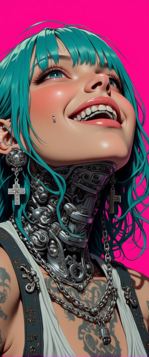 A futuristic young woman with an edgy, cyberpunk vibe gazes upward with a wide smile. Her face is adorned with a blend of human and robotic elements — her mouth revealing metallic teeth and mechanical components along her jawline and neck. Piercings and silver chains add to her alternative style, and large cross-shaped earrings dangle from her ears. Her tattooed neck merges into a metallic, cyborg-like structure, while her bright teal hair contrasts with the neon-pink background.
.,ct-colority