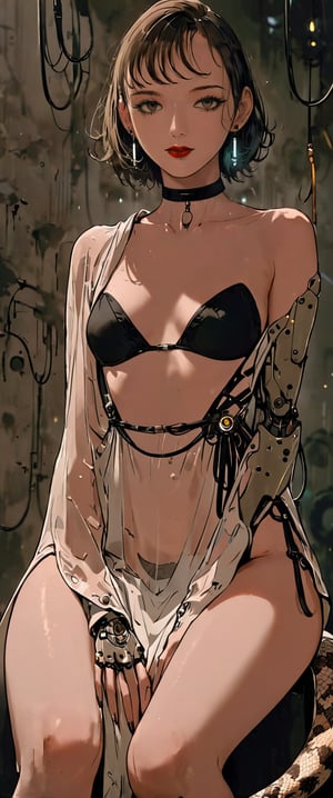 In a dimly lit, smoky cyberpunk club, a femme fatale cyborg sits solo, her mechanical joints gleaming in the flickering light. Her striking features, framed by short hair and bangs, are adorned with jewelry and a black choker. A cigarette dangles from her lips as she pets a snake that gazes directly at the viewer. She wears a revealing seethrough kimono, paired with Japanese-style earrings, and holds a katana surrounded by the dark, gritty atmosphere. Her gaze is sultry, exuding an air of sexy sophistication, as if inviting the viewer to enter her world. The scene is set in a Conrad Roset-inspired style, with a focus on dark, muted tones and industrial textures.,core_9,scary, (masterpiece:1.2),schpicy style,brown dust,BG