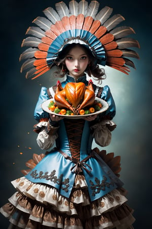 Girl in a strange outfit,glamorous surreal, creative, absurd, full body, holding a turkey plate Style by Stefan Gesell,,more detail XL,detailmaster2,Anime ,sooyaaa,dlwlrma