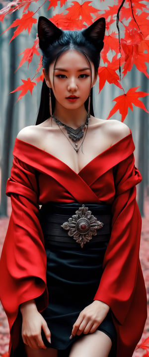 Tekeli, black fox ears, animal ear fluff, black fox tail, black hair, red inner hair, hair ornament, magatama necklace, fur trim, black short kimono, exquisite design, cat_collar, off-shoulder, cleavage, wide sleeves, long sleeves, obi, miniskirt, perfect busty model body, a 17-years-old ethereal and glamorously beautiful girl, walking in a forest, autumn, red maple leaves, pencil sketch, perfect detail, intricate detail, masterpiece, best quality, beauty & aesthetic, charcoal \(medium\)
