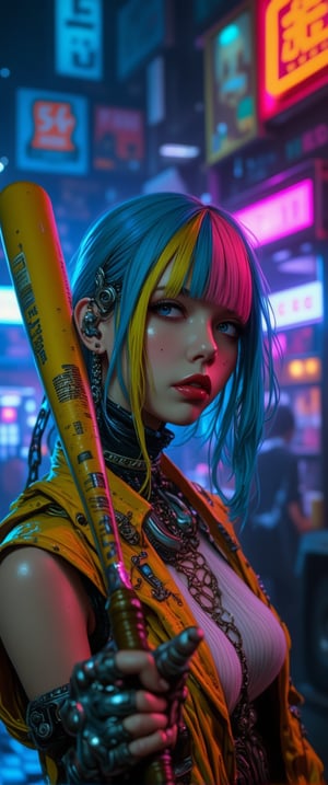 Here's a high-quality, coherent SD prompt based on the input: A close-up shot of a automata woman ' in her a cyberpunkpunk attire,mechanical joints, mechanical parts, wires,joints captured in ultra-high definition. She stands confidently, baseball bat held aloft, with vibrant hair styled in alternating blue, pink, and yellow hues. Her face is a masterpiece of dark makeup, featuring heavy eyeliner, red lipstick, . Sharp focus on her intense eyes, with a deep depth of field , . The background is a dark urban landscape with a blue-purple hue, contrasting strikingly with her colorful outfit. High-contrast lighting creates a cinematic atmosphere, with atmospheric shadows adding to the moody tone. Professional photography and 32K UHD resolution deliver photorealistic details, vivid colors, and high dynamic range. A truly impactful and visually stunning image, perfect for an action-packed movie poster.