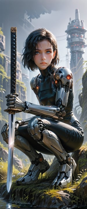 score_9, score_8_up, score_7_up, (),  (Misterious mood), beautiful young woman, , , highly detailed, masterpiece, upper body, finely detailed skin, perfect small breasts,(1girl, solo, solo, looking at viewer, short hair, black hair,, holding, weapon, male focus, sword, holding weapon, bodysuit, traditional media, holding sword, squatting, katana, sheath, science fiction, sheathed, one knee, cyborg, sword over shoulder), Fine art style,Expressiveh,portrait art,dark, ,concept art,B0ld01lp41nt,dark theme,charcoal \(medium\),photo_b00ster