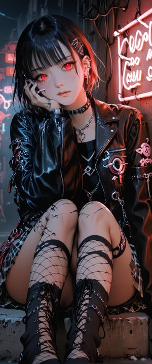 1girl, solo, looking at viewer, short hair, bangs, skirt, shirt, black hair, red eyes, thighhighs, long sleeves, navel, jewelry, sitting, closed mouth, jacket, pleated skirt, earrings, open clothes, choker, midriff, black thighhighs, miniskirt, blunt bangs, necklace, open jacket, black jacket, crop top, head tilt, torn clothes, plaid, black shirt, tattoo, glowing, plaid skirt, piercing, single thighhigh, ear piercing, glowing eyes, spikes, hand on own face, leather, torn thighhighs, leather jacket, neon lights,score_9, ct-goeuun,masterpiece,ct-virtual