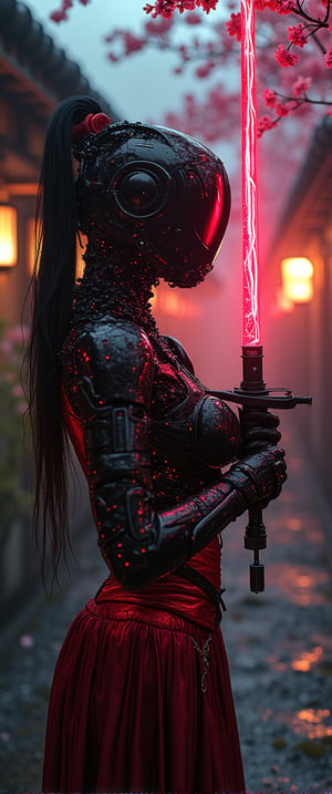 In a dimly lit, atmospheric Japanese interior, a biomechanicalA woman in glowing armour, trasparent glass plates of armour protect her body, while delicate cherry blossom drifts gently down from a nearby tree. Her glowing sword dazzles with electrical arcing in the twilight of an atmospheric evening amazing quality, masterpiece, best quality, hyper detailed, ultra detailed, glowing pink, perfect anatomy, blurry background, outdoor, cherry blossoms, fog, studio lighting, bright foreground, face to viewer, glowing(pink hybrid white) Armour, female, holding, sword with electrical shine carving, ponytail, glowing, shine, dazzling. Amidst the haunting atmosphere, her elegant posture exudes enchanting contrast, inviting us into her mysterious world.,Fantasy detailers,ct-fantasitity, cinematic lighting. Her iron Venetian mask glimmers with abstract cubist designs, as she holds a plasma gun at her side. Holographic reflections dance across her cybernetic limbs, casting fractal patterns on the surrounding walls. With sharp focus and high contrast, the composition is perfect, drawing the eye to her sensual, anime-inspired beauty. The 16k resolution image is a work of art, with depth of field and atmospheric moody lighting, evoking the style of Mattias Adolfsson and anime-pop artists like Skyzo's Identity.