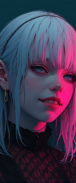 looking at viewer, 1girl, solo, long hair, blush, smile, open mouth, bangs, jewelry, closed eyes, upper body, white hair, multicolored hair, earrings, teeth, tongue, pointy ears, tongue out, makeup, fangs, colored inner hair, (((neon theme))), dark theme, vivid color, masterpiece, best quality, amazing quality, very aesthetic, absurdres, depth of field,,sexy girl
