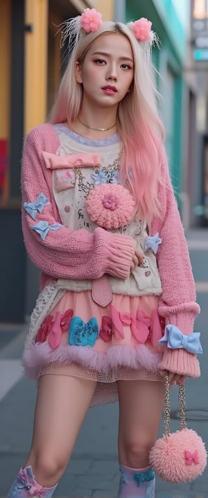 Here's a prompt for an SD image:

A platinum-blond woman with pink-tipped hair, dressed in a pastel-hued ensemble featuring soft knits, lace, ribbons, and tulle, stands against a vibrant urban backdrop. Oversized bows, plush bags, and playful jewelry adorn her outfit, which includes a graphic tee, fluffy sweater, layered skirt, and patterned over-knee socks. Her bright pink lips and rosy cheeks pop against the gritty cityscape, as she confidently strikes a pose amidst a tapestry of colors. 64k HDR, highly detailed, ultra-sharp, photorealistic, with Extremely Realistic textures and an XL level of detail. Style: Fairy Kei, Jisoo-inspired, Visual V4.