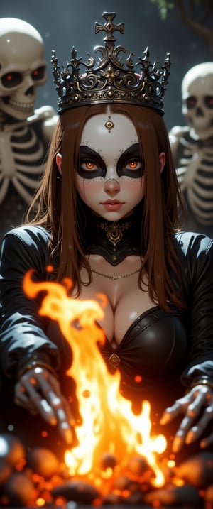 A dramatic shot frames the woman in a black leather outfit, adorned with a striking white mask and regal crown, her face painted with bold black eye makeup against her vibrant brown hair. Before her, a blazing fire burns brightly, its warmth and light contrasted by the stark black and white backdrop. To either side, two skeletons loom, their bony forms adding an eerie presence to the scene.