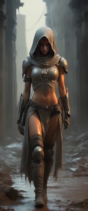 masterpiece, biomechanical legs, combat nun warriror, angry ,, stands arms on hips, red hood, combat ready in an dusty city post apocaliptic ruins, covered in dust, antion shot, movie still, volumetric light, dark and moody style, tense athmosfere, intrincate details, ultra high detallieded, Shattered Armor, rainy, mud,digital artwork by Beksinski,hubg_mecha_girl