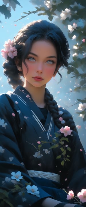 breathtaking ethereal RAW photo of female (Masterpiece, beautiful details, perfect focus, uniform 8K wallpaper, high resolution, exquisite texture in every detail, ((Simple background: 1.5)), break 1 girl, solo, blue eyes, clear deep eyes, , , , long hair, blush, smile, black hair, hair ornament, sitting, whole body, braid, flowers, Japanese clothes, hair Flowers, wide sleeves, kimono, tree, sash, obi, floral pattern, sandals, cherry blossoms, pink flowers, branches, kimono, sitting on a tree branch, wind, falling cherry blossom petals,Anime

 )), dark and moody style, perfect face, outstretched perfect hands . masterpiece, professional, award-winning, intricate details, ultra high detailed, 64k, dramatic light, volumetric light, dynamic lighting, Epic, splash art .. ), by james jean $, roby dwi antono $, ross tran $. francis bacon $, michal mraz $, adrian ghenie $, petra cortright $, gerhard richter $, takato yamamoto $, ashley wood, tense atmospheric, , , , sooyaaa,IMGFIX,Comic Book-Style,Movie Aesthetic,action shot,photo r3al,bad quality image,oil painting, cinematic moviemaker style,Japan Vibes,H effect,koh_yunjung ,koh_yunjung,kwon-nara,sooyaaa,colorful,roses_are_rosie,armor,han-hyoju-xl
,BJ_Teenage_Fantasy