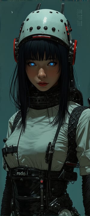 A vibrant cartoon woman stands , t. Her long black hair cascades over her shoulders, framing her face with white helmet adorned with black buttons and a blue light. Blue eyes pop against the dark locks. A black and white robot costume wraps around her, . Amidst this moody, atmospheric setting, her elegant posture exudes an enchanting contrast, drawing us in to unravel the secrets of her mysterious world.,ct-identityV2,ct-colority,ct-sensanime,ct-bustyy2,ct-chainb,ct-fititty,ct-leetity