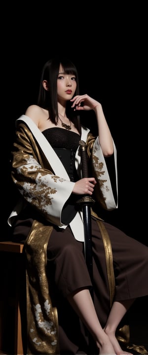 a woman dressed in a kimono-style outfit, is seated on a wooden stool. She has a sword in her right hand, her left hand resting on her hip. Her right hand is draped over her right shoulder, adding a touch of balance to the scene. The backdrop is a dark black, .,ct-style10,ct-prettienime2