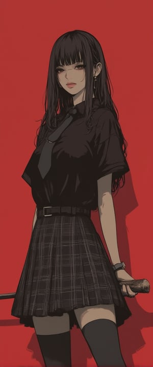 1girl, solo, long hair, looking at viewer, bangs, skirt, shirt, black hair, thighhighs, holding, jewelry, closed mouth, standing, short sleeves, cowboy shot, pleated skirt, earrings, necktie, collared shirt, belt, black thighhighs, blunt bangs, black skirt, black eyes, lips, plaid, black shirt, plaid skirt, black necktie, red background, watch, black belt, wristwatch, baseball bat masterpiece, best quality, amazing quality, very aesthetic, absurdres, depth of field, score_9, score_8, score_7, score_6
