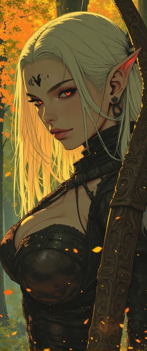 fantasy stylized illustration, elven female archer, profile view, full body shot, masterpiece, high detail, cinematic composition, dramatic lighting character details: elven woman, long blonde hair flowing in wind, pointed ears, serious and focused expression, eyes fixed on target, anime, cyberpunk, ne0nfant4sy, Anime style. pose: archer in full draw position, bow pulled back, arms taut, body angled for perfect form armor: light leather armor with leaf motifs, form-fitting for mobility, arm guards on wrists, quiver on back weapon: ornate wooden longbow, intricately carved with elven designs environment: dense forest backdrop, dappled sunlight filtering through leaves, autumn colors, falling leaves in foreground lighting: golden hour sunlight, rays piercing through trees, creating a magical atmosphere mood: tense, alert, ready for action style: highly detailed digital painting, realistic fantasy, vibrant autumn colors additional elements: leaves and particles floating in air, lens flare effects, subtle magical aura around the archer, intricate elven patterns on armor and bow composition: character positioned on left third of frame, arrow pointing towards right side, creating dynamic tension
