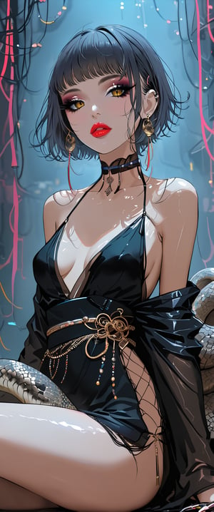 A femme fatale cyborg sits solo in a smoky cyberpunk club, petting a snake  as it gazes directly at the viewer. Her short hair and bangs frame her striking features, adorned with jewelry and a black choker. She dons a revealing seethrough kimono, paired with Japanese-style earrings. A cigarette dangles from her lips as she exudes an air of sexy sophistication, surrounded by the dark, gritty atmosphere of Conrad Roset's style.