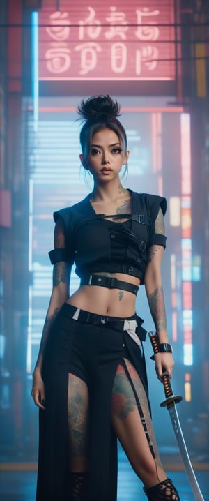 A cinematic movie still of a tattooed girl, Irakli Nadar, standing confidently holding a katana sword. In the style of Kawacy art, with an ultra-focused Niji-inspired background, she wears Maidcore attire. Her face is rendered in hyperrealism, showcasing realistic features and detailed expressions. Her hands cradle the sword with precision, while her hair is styled in perfect, fantaerotic locks. The muted color palette adds to the cinematic atmosphere. In a mugshot-like pose, she gazes straight ahead, with a hint of absurdity in her demeanor. Finger hearts and CT-virtual details complete the TechStreetwear-inspired scene.