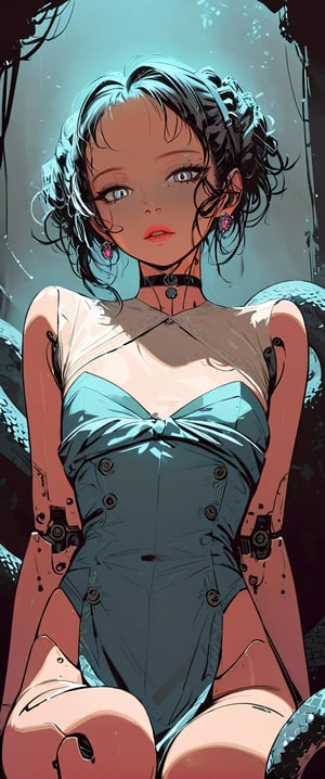 In a dimly lit, smoky cyberpunk club, a femme fatale cyborg sits solo, her mechanical joints gleaming in the flickering light. Her striking features, framed by short hair and bangs, are adorned with jewelry and a black choker. A cigarette dangles from her lips as she pets a snake that gazes directly at the viewer. She wears a revealing seethrough kimono, paired with Japanese-style earrings, and holds a katana surrounded by the dark, gritty atmosphere. Her gaze is sultry, exuding an air of sexy sophistication, as if inviting the viewer to enter her world. The scene is set in a Conrad Roset-inspired style, with a focus on dark, muted tones and industrial textures.,core_9,scary,ct-jeniiii