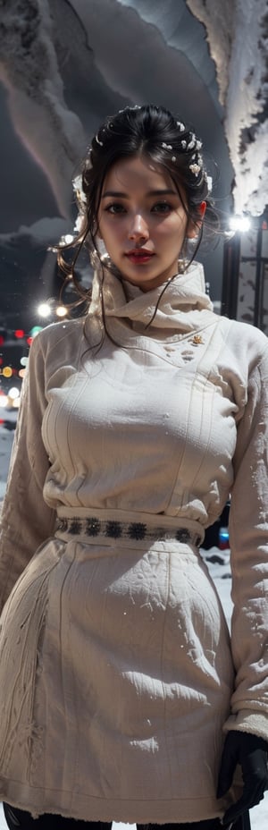 A photorealistic representative of Winter Snow queen, ice white hair, shiny blue eye, sharp look into viewer, juicy lips, Long Eyelashes, Hourglass body, thin waist, wearing black glove with shining snow logo embroidery, white snow belt with red long silk lash, (winter storm in the background:1.5), fantasy, born from snow and happiness, Best quality photo, vibrant color, detailed_background, fractal color, mesmerizing atmosphere, perfect fingers, no finger interlock,1girl锛� roujinzhi, lenkaizm art, 1 girl,  (photorealistic:1.2),  ultra-detailed,  finely detailed,  high resolution, 32k UHD, sharp-focus, (best quality:1.5), (masterpiece:1.3), beautiful and aesthetic, (HDR:0.7), high contrast, (bokeh:1.5), lens flare, GdClth,1girl, very wide angle lens shot, vivid colors, photoshot with a 25mm Nikon lens, calm and elegant, simple gradients, skin grain detail, ,yoona,m_kayoung,bibilorashy,goyoonjung,hyojoo,sohee