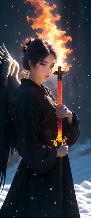  evil dark (vengative  angel holding a flame sword in  snow, in the style of anime-inspired character designs, cryengine, strong sense of realism, dignified poses, clear edge definition, warmcore, , captivating figures


) , ,sparks,, painting canvas style, sharp focus, emitting diodes, smoke, artillery, sparks, racks, system unit, perfect composition, beautiful detailed intricate insanely detailed octane render trending on artstation, 8 k artistic photography, photorealistic concept art, soft natural volumetric cinematic perfect light, chiaroscuro, award - winning photograph, masterpiece, oil on canvas, raphael, caravaggio, greg rutkowski, beeple, beksinski, giger,ct-niji2,sooyaaa,roses_are_rosie,koh_yunjung,photo r3al,jennierubyjenes,kim youjung,han-hyoju-xl,kwon-nara,minsi