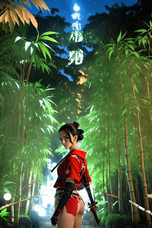 poster of a sexy woman  [samurai]  in a  [bambu forest ], midnight , eye angle view, designed by mike mingola,aw0k nsfwfactory,aw0k magnstyle,danknis,sooyaaa,Anime ,cyborg style, jisoo,aw0k euphoric style