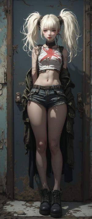 This image is a highly detailed, realistic digital painting of a woman standing in a gritty, rundown room. She is a young woman with a pale, athletic build and light skin, wearing a punk-inspired outfit. She has platinum blonde hair styled in two high pigtails. Her outfit includes a white crop top with the Union Jack flag emblazoned on the chest, which is torn and revealing her midriff.