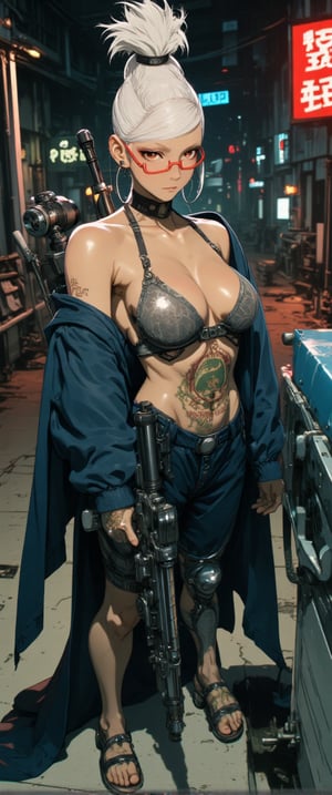 A Luminogram of An animated image of a Comic book style of cybernetic female, holding tactical assault rifle, tattoo, full body, porcelain face, intricate details, 2d, detailed action background, an android young woman with black fauxhawk haircut in a mind-reading device creates controversy, science fiction western, a virtual reality game with real-life consequences, a cyberpunk cartoon, The art style is sleek and polished, with clean, precise lines that contrast with the gritty world it portrays, it has a semi-realistic style, Each detail is sharp, from the smooth, reflective surfaces of cybernetic limbs to the crisp outlines. The overall look is refined, capturing a high-tech elegance amidst the dystopian backdrop, where every elementâfrom intricate machinery to flowing organic formsâis meticulously rendered with a sense of precision and understated sophistication. great care is taken to depict the young woman to have anatomically correct arms and hands,.
.glasses

,ct-biskitity,ct-kds,ct-chasartre,ct-abu,ct-voluptuous,ct-sensanime,momo