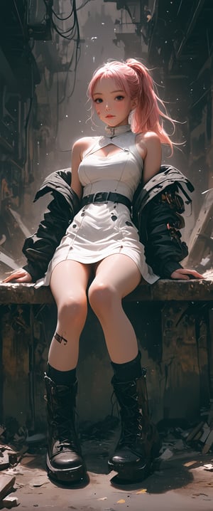 1girl, solo, long hair, breasts, looking at viewer, bangs, blue eyes, large breasts, gloves, long sleeves, dress, cleavage, bare shoulders, medium breasts, sitting, jacket, full body, ponytail, pink hair, boots, parted lips, open clothes, sleeveless, black gloves, socks, belt, indoors, off shoulder, black footwear, white dress, open jacket, lips, black jacket, kneehighs, clothing cutout, sleeveless dress, cleavage cutout, bandaid, cross-laced footwear, black belt, realistic, bandaid on leg, bandaid on knee

 real,realistic,real_life,chiarosaurio,dal-27,dal-1,ct-virtual