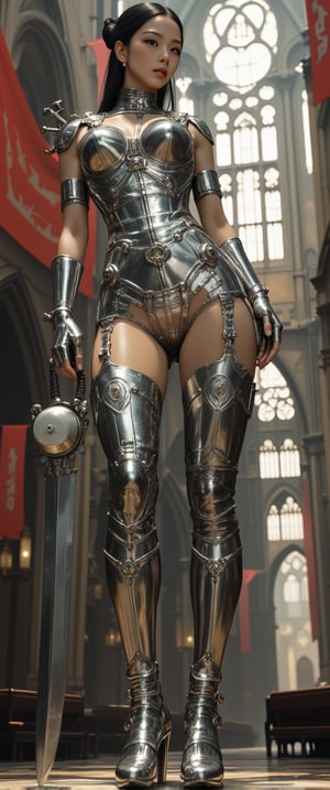 

A surreal masterpiece of steampunk Mannerism, 'Elegance in Chrome' features a stunning Asian woman (0.5) encased in a gleaming stainless steel exoskeleton, adorned with knobs, meters, and vacuum lamps. Against the majestic backdrop of a medieval cathedral, she poses majestically with a grand two-handed sword, its intricate details radiating in high-angled lighting that casts dramatic shadows. Medieval banners flutter behind her like wispy clouds, as chiaroscuro technique bathes her figure in an aura of mystique, reminiscent of warm kerosene lamp glow. Achieve a unique visual style blending hyperrealism, eroticism, and science fiction. Render surfaces with extreme detail: metal, skin, chrome, and polished metal. Simulate seamless gradients and futuristic settings inspired by classic pin-up art, fantasy, and steampunk. Enameled details abound in this cluttered maximalist masterpiece. Highly detailed, analog-inspired aesthetic simulating an 8K UHD image.,ct-chasartre,ct-bibity,ct-blodolx,ct-bustyy2,ct-smeraldity,ct-sensanime,ct-vituajis