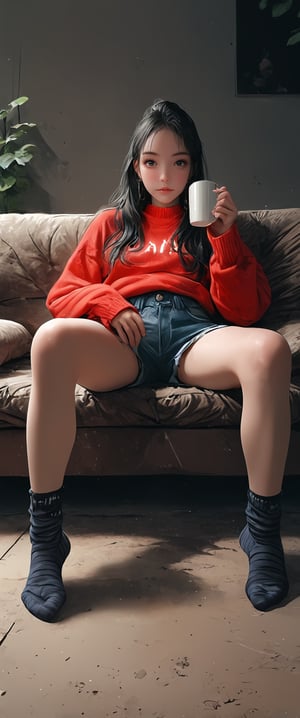 1girl, solo, long hair, looking at viewer, bangs, black hair, long sleeves, holding, brown eyes, jewelry, sitting, earrings, shorts, socks, striped, indoors, signature, spread legs, sweater, cup, lips, sleeves past wrists, short shorts, no shoes, denim, couch, holding cup, clothes writing, blue shorts, denim shorts, mug, realistic, on couch, reclining, red sweater, striped socks

 real,realistic,real_life,chiarosaurio,dal-27,dal-1,ct-virtual