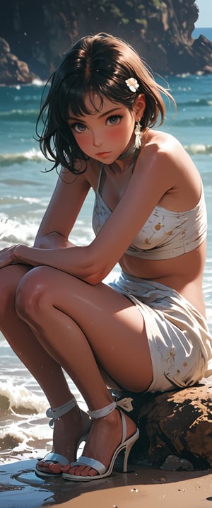 1girl, solo, breasts, looking at viewer, blush, short hair, bangs, black hair, hair ornament, dress, cleavage, bare shoulders, brown eyes, jewelry, medium breasts, sitting, closed mouth, swimsuit, full body, weapon, flower, earrings, outdoors, sky, sleeveless, day, sword, hair flower, blunt bangs, water, white dress, from side, bare legs, ocean, beach, floral print, sandals, squatting, katana, white flower, sheath, rock, sand

 real,realistic,real_life,chiarosaurio,dal-27,dal-1,ct-virtual,Wear a slavekini leia outfit,th3t4styl3,Tru3color46