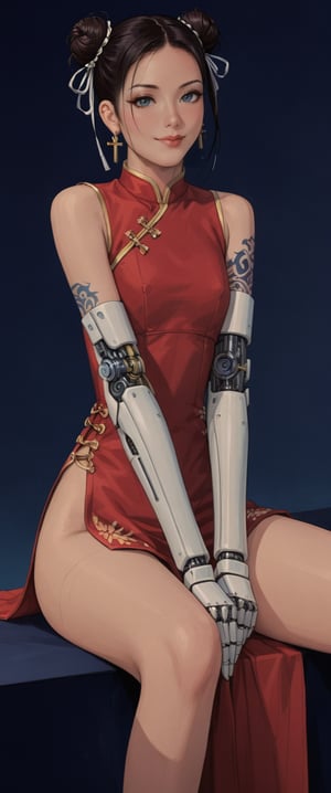 A striking cyborg sit solo on a deep blue background, her short black hair styled in a double bun adorned with a hair ornament. Her piercing gaze meets the viewer's, as she sits cross-legged, her hand discreetly placed between her legs. A red Chinese dress flows around her, intricately embroidered with mechanical parts that seem to blend seamlessly into her robotic arm and joints. A sword lies between her legs, its handle glinting in the dim light. Her lips curve into a subtle smile, as she proudly displays her arm tattoo. Earrings and a hair bun complete her striking ensemble, exuding confidence and power.