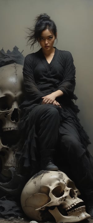 Realist portrait of a deception of (breathtaking ethereal RAW photo of female ((extremely realistic photo)), (professional photo), (Best quality, 8k, 32k, Masterpiece, HD: 1.2)(by Conrad Roset, Nicola Samori, Warhammer 40k theme), korean female warrior sitting on a huge skull littering the ground, armor, highly detailed and intricate, dynamic pose, more detail XL, ct-eujiiin, ct-goeuun