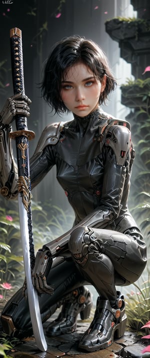 score_9, score_8_up, score_7_up, (),  (Misterious mood), beautiful young woman, , , highly detailed, masterpiece, upper body, finely detailed skin, perfect small breasts,(1girl, solo, solo, looking at viewer, short hair, black hair,, holding, weapon, male focus, sword, holding weapon, bodysuit, traditional media, holding sword, squatting, katana, sheath, science fiction, sheathed, one knee, cyborg, sword over shoulder), Fine art style,Expressiveh,portrait art,dark, ,concept art,B0ld01lp41nt,dark theme,charcoal \(medium\),photo_b00ster