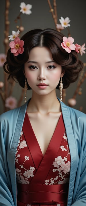 a woman dressed in a traditional Japanese kimono, adorned with a blue robe and a red dress. Her hair is styled in a wavy bob, and she is adorned with two flowers in her hair, adding a touch of beauty to the scene. The backdrop is blurred, creating a stark contrast to the woman's outfit..,ct-vituajis,ct-arix,detailerlora,intricate portrait