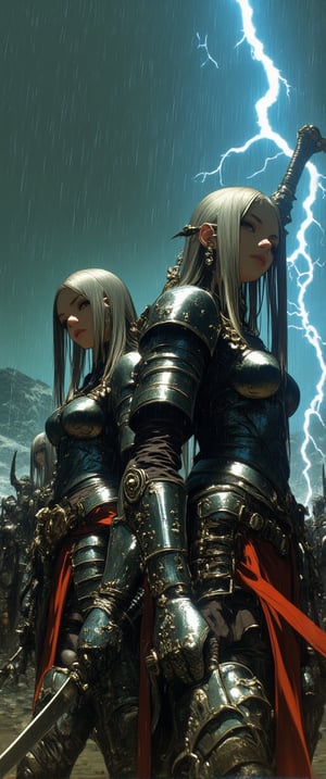 A mesmerizing 70mm lens photograph of a captivating The image is a digital illustration in a detailed, semi-realistic art style with 90s retro fantasy anime. The subject is a group of elite warriors from the same order as the silver-haired female warrior. They stand back-to-back in a desperate battle, their shining armor contrasting with the rain-soaked battlefield. One wields a massive battle axe, while another uses dual swords, their blades flashing as they cut through enemies. The rain drenches them, and the mud beneath their feet is churned by the relentless fighting. Lightning splits the sky, casting dramatic shadows over their faces as they fight off a horde of grotesque creatures. The atmosphere is one of unbreakable camaraderie and epic struggle, with every movement full of purpose and intensity. detailmaximizer, mythp0rt, ne0nfant4sy,
. Film grain and blur enhance the cinematic feel, transporting us to a vintage 1980s movie screen.,ct-smeraldity