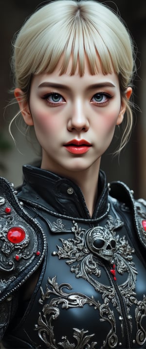 The image is a highly detailed, digital drawing in a fantasy art style. The subject is a female warrior with a pale, porcelain skin and striking, piercing blue eyes. She has short, platinum blonde hair with bangs that frame her face, and her expression is intense and focused. She is dressed in ornate, black and silver armor that features intricate, Gothic-inspired designs with skulls and crossbones. The armor is adorned with red accents, particularly on the shoulder pads and belt.