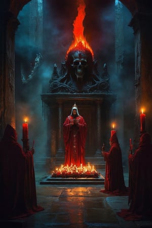 A dying depiction of a menacing cult priest in a dark, atmospheric setting, at the cult altar  bathed in torch light , waiting to collect tormented souls, with blood dripping from their hands. chiarosaur, element of terror. Dark and moody, with hints of red to emphasize the presence of blood. By renowned artists such as H.R. Giger, Zdzisław Beksiński, and Brom. Resolution: 4k.,,aw0k euphoric style,detailmaster2,DonMn1ghtm4reXL