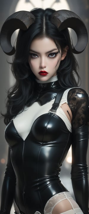 ((extremely realistic photo)), professional photo,a demon girl  with deep red lipstick and black hair, horns ,wearing a black latex bodysuit with white suspender, gloves, and white stockings with garter belt , with her hands on her hips, (hard black eyeliner), ((realistic and perfect bright brown eyes)), ((ultra sharp focus)), (realistic textures and skin:1.1), aesthetic. masterpiece, pure perfection, high definition ((best quality, masterpiece, detailed)), ultra high resolution, hdr, art, high detail, add more detail, (extreme and intricate details), ((raw photo, 64k:1.37)), ((sharp focus:1.2)), (muted colors, dim colors, soothing tones ), siena natural ratio, ((more detail xl)),more detail XL,detailmaster2,Enhanced All,photo r3al,masterpiece,photo r3al,Masterpiece
,ct-niji2