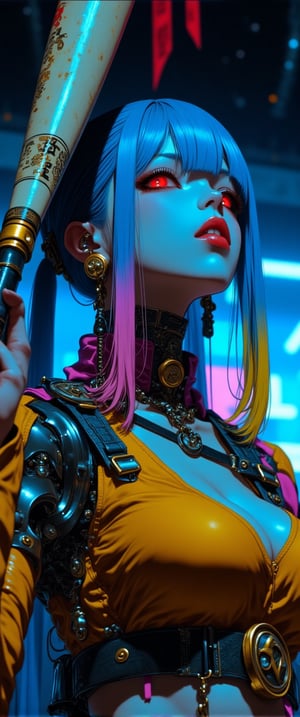 Here's a high-quality, coherent SD prompt based on the input:

A close-up shot of a  automata woman ' in her a cyberpunkpunk attire,mechanical joints, mechanical parts, wires,joints captured in ultra-high definition. She stands confidently, baseball bat held aloft, with vibrant hair styled in alternating blue, pink, and yellow hues. Her face is a masterpiece of dark makeup, featuring heavy eyeliner, red lipstick, . Sharp focus on her intense eyes, with a deep depth of field , . The background is a dark urban landscape with a blue-purple hue, contrasting strikingly with her colorful outfit. High-contrast lighting creates a cinematic atmosphere, with atmospheric shadows adding to the moody tone. Professional photography and 32K UHD resolution deliver photorealistic details, vivid colors, and high dynamic range. A truly impactful and visually stunning image, perfect for an action-packed movie poster.,ct-katakrat