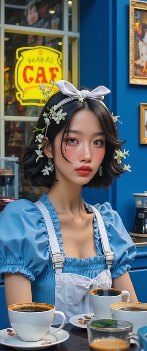 a depiction of a woman in a blue and white dress, adorned with flowers in her hair, is seated at a table in a cafe. The woman's head is adorned with a white bow, and her eyes are adorned with dark blue eyes. Her hair is styled in a wavy bob, and she's wearing a pair of dangling earrings, adding a pop of color to her face. The backdrop, a cafe window, is a vibrant shade of blue, with a yellow sign that reads "GAF" in the upper right corner of the frame. To the left of the woman, there is a coffee mug filled with coffee, and a saucer filled with a brown liquid. In the background, there are two coffee mugs, a coffee maker, and two framed pictures on the wall.. Film grain and blur enhance the cinematic feel, transporting us back to a low-res 1980s movie screen.,ct-anitity,ct-muun