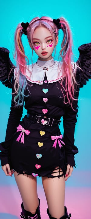 A powerful nun in a volumetric and chiaroscuro lit setting, posing confidently in vibrant Harajuku street wear. She wears a distressed pastel dress with lace, an oversized torn cardigan, and chunky Combat boots. Her pastel- streaked pigtails are adorned with bows and clips, and her makeup features glitter and heart-shaped stickers. She stands amidst a backdrop of darkness and light, her black and white wings spread wide, as she gazes directly at the viewer through her yellow eyes.