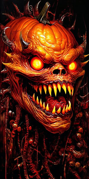  a biomechanical pumking monster creature . Its body combines twisted metal with pulsating flesh. .  grotesque face , with metallic jaws, glowing eyes, and rows of sharp teeth . dark tense and unsettling atmosphere, wearing a cap .sending a postcard,.office, cap, reflections, full bodyblood,fear,  By renowned artists such as ,, Francis Bacon, . Resolution: 4k.,,aw0k euphoric style,HellAI,monster,JPO