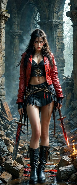  (((by John Collier, John William Waterhouse, pinup style, silver, gold), perfect anatomy, , , 1girl, solo, long hair, breasts, looking at viewer, bangs, black hair, red eyes, long sleeves, navel, holding, jewelry, very long hair, jacket, full body, weapon, earrings, boots, outdoors, open clothes, choker, midriff, belt, pants, hood, blunt bangs, nail polish, holding weapon, collar, open jacket, lips, blood, makeup, chain, facial mark, squatting, ring, knife, building, red footwear, black nails, hooded jacket, red jacket, cross-laced footwear, hood up, hoop earrings, lace-up boots, red lips, holding knife, red pants), dark and moody style, perfect face, outstretched perfect hands. masterpiece, professional, award-winning, intricate details, ultra high detailed, 64k, dramatic light, volumetric light, dynamic lighting, Epic, splash art .. ),dal