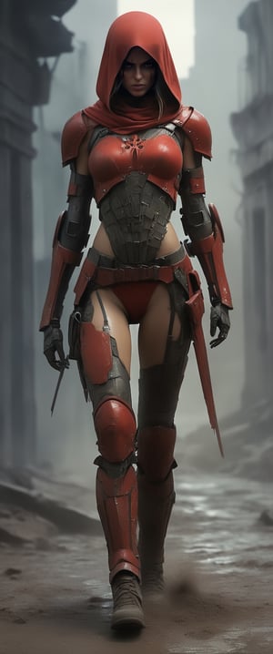 masterpiece, biomechanical legs, combat nun warriror, angry ,, stands arms on hips, red hood, combat ready in an dusty city post apocaliptic ruins, covered in dust, antion shot, movie still, volumetric light, dark and moody style, tense athmosfere, intrincate details, ultra high detallieded, Shattered Armor, rainy, mud,digital artwork by Beksinski,hubg_mecha_girl,darkart