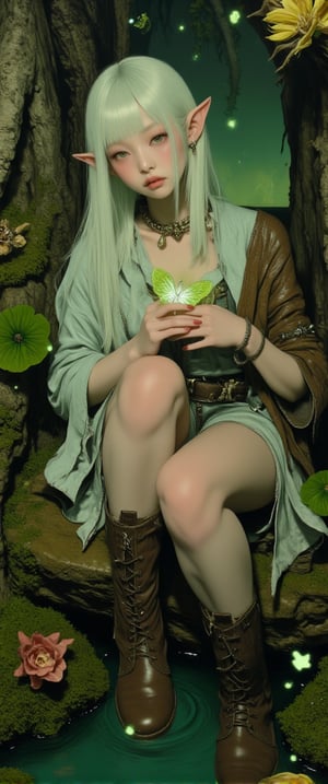 A mystical female goblin sits serenely on a moss-covered rock amidst a whimsical forest, blending earthy elegance with her unique charm. Her radiant white hair cascades down her back as she gently cradles a glowing butterfly in delicate fingers. The soft leather and cloth tunic adorns her with bone jewelry and natural accents, while her pale green skin glows softly. Luminescent plants, fireflies, and magical creatures surround her, bathed in the high-contrast light of the forest, creating an ultra-detailed, dreamlike atmosphere.,ct-blondie,ct-dbe,ct-jennie