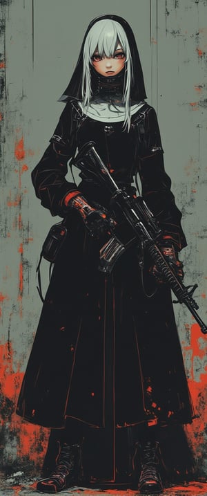  Full body shot, Cyberpunk, Gothic, Biomechanical ( 1girl, solo, looking at viewer, red eyes, gloves, holding, hair between eyes, weapon, white hair, holding weapon, gun, cross, holding gun, rifle, pouch, nun, assault rifle, habit)
), , abstract cubist, Perfect Composition, High Contrast, Atmospheric, Moody, Raw photo, realistic, cinematic lighting, soft shadows, sharp focus, fractal, colorful, depth of field, best quality, 16k resolution,
,ct-animepopstyle,anime,style of Mattias Adolfsson,ct-sensual,cyberpunk,ct-sensual-v2,style of Gerry Anderson