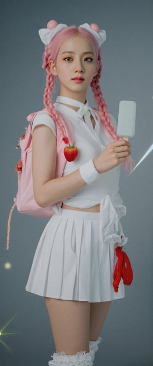 A cinematic reality film scene unfolds: a 18-year-old Korean beauty model, with oversized blue eyes and a gorgeous face, stands solo against a grey background. Her long, pink-haired braids are tied with hair bows, adorned with ahoges. She wears a white serafuku uniform with a pleated skirt, thigh-highs, and a red bow on her backpack. In one hand, she holds a popsicle, while in the other, a strawberry ice cream cone reflects off her thigh-high boots. Her detailed features, from blush to navel, are captured in stunning focus against a misty backdrop, as sparks of light dance across her face. The soft lighting and depth of field create a sense of intimacy, drawing the viewer's attention to her smiling, idolic beauty., ct-virtual_jisoo, ct-jissoo