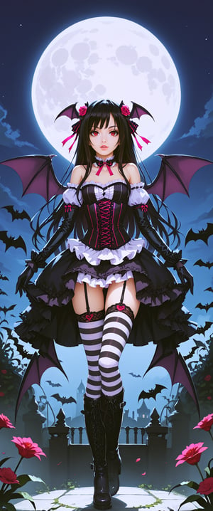 1girl, solo, long hair, black hair, thighhighs, gloves, bare shoulders, flower, boots, wings, striped, garter straps, moon, knee boots, bat wings, corset, striped thighhighs, gothic lolita, bat \(animal\), gothic